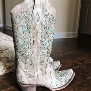 Teal Ivory Sparkly Corral Western Boots